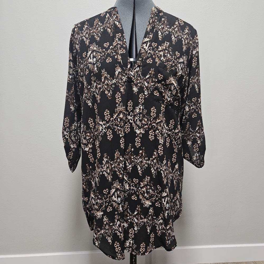 Lush Nordstrom Roll Tab Sleeve Tunic Blouse Black Brown Oversized Women's Small